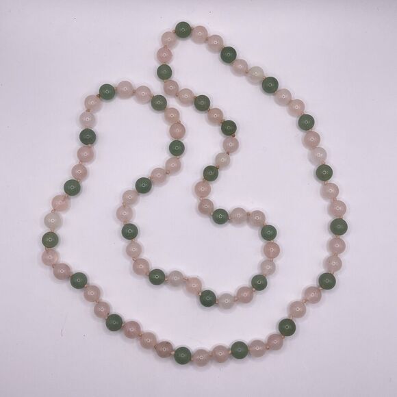 Vintage Rose Quartz Jade Hand Knotted Stone Beaded Necklace 32" Long Pink Green - Picture 6 of 8